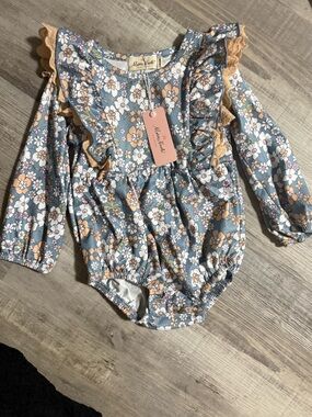 Maeve Rose Floral Ruffle Baby Bodysuit - Blue and Peach